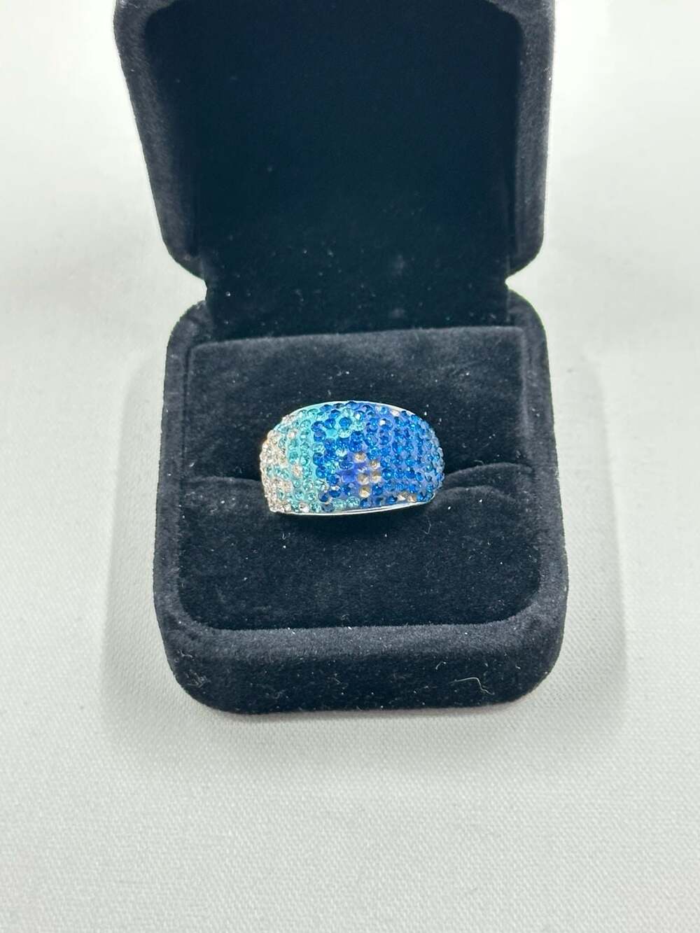 Vintage JCM Sterling Silver Ombré Blue and Clear Rhinestone Dome Cocktail Ring